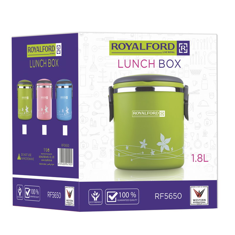 Royalford RF5650 1800ml Lunch Box - Leak Proof & Airtight Lid Food Storage Container - High Quality Stainless Steel Inner, Durable, Non-toxic and Extended Fastening Lid Design - Portable and Dishwashe