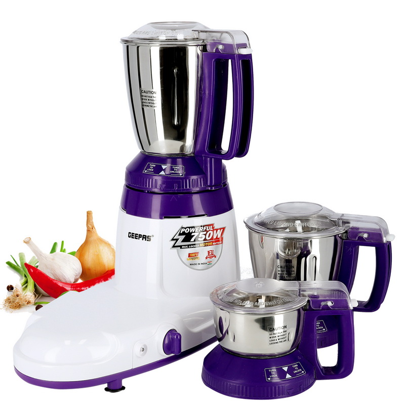 Geepas 750W 3-in-1 Mixer Grinder - Stainless Steel Jars & Blades - 3 Speed, Safety Twist Lock - Perfect for Dry & Wet Fine Grinding - Indian Curry Spices Coconut Grinding Mixing - 2 Years Warranty