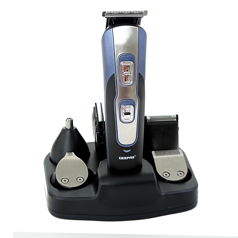 Geepas 11 in 1 Hair Trimmer - Cordless Hair Clippers, Grooming Kit with Stand, LED Indicators| Trimming Kit with 5 Interchangeable Heads for Shaving, Detailing, Grooming Beards, Moustache, Nose & Body