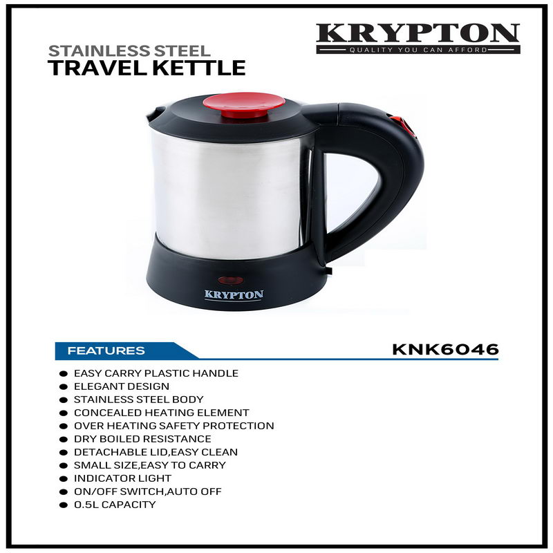 Electric Stainless Steel Kettle, 0.5L - Stainless Steel Body - Auto Shut-Off On Boiling - Boil Dry Protection - Pilot Lamp