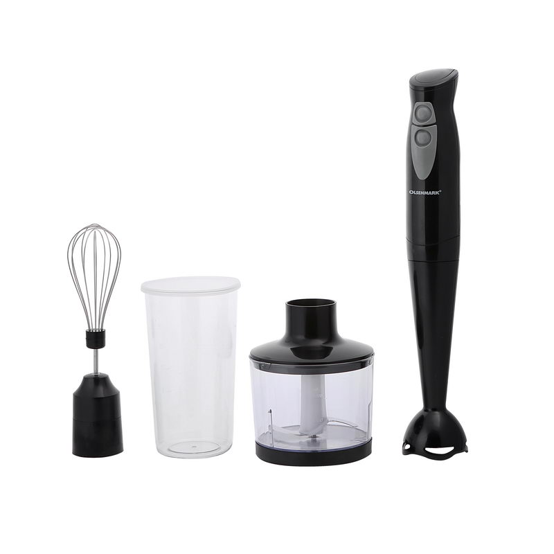 Hand Blender with Chopper, 250W - Stainless Steel Blade - Detachable Stick & Hang Up Loop - Two Speed Operation - Anti-Splash Bade Guard - 600ml Jar with Lid, 500ml Chopper, Whisk
