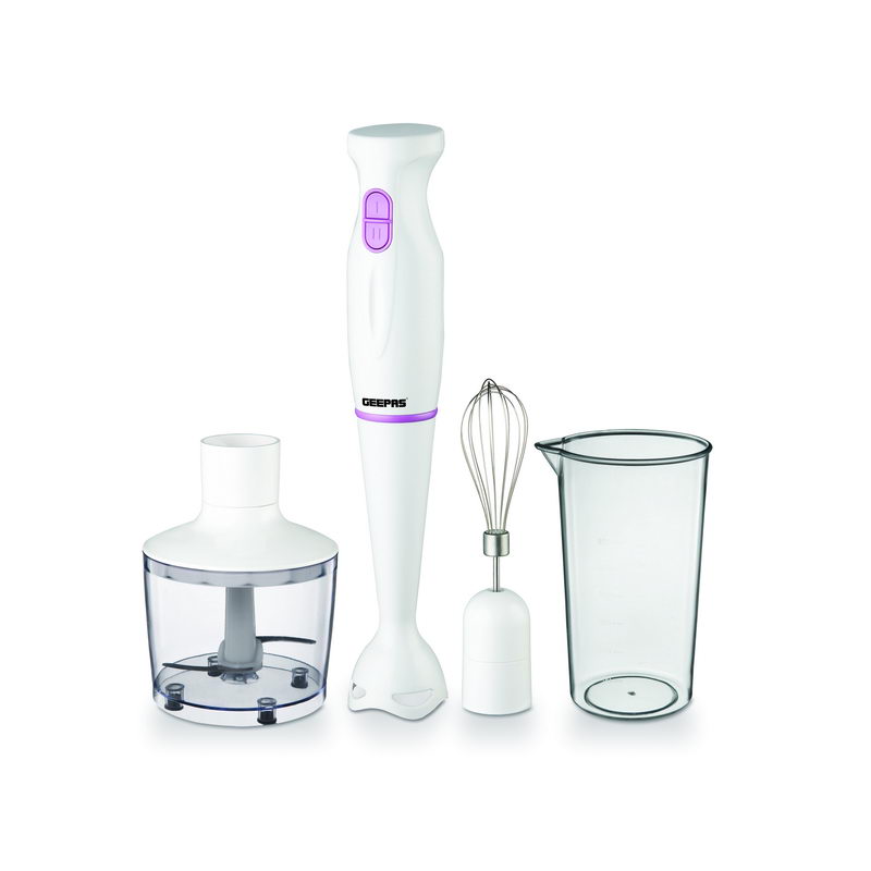 Geepas 200W 4-in-1 Hand Immersion Blender Set - Food Collection Immersion Hand Blender - Stick Blender with Food Processor, Beaker, Stainless Steel Blades & Egg Whisk for Smoothies Soups Sauces
