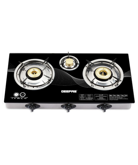 Geepas GK6880 Triple Burner Gas Cooker with Tempered Glass - Triple Burner Gas Stove | Tempered Glass Top - Brass Burner - Auto-Ignition - Thick Pan Support | High-Quality Knobs | Low Gas Consumption