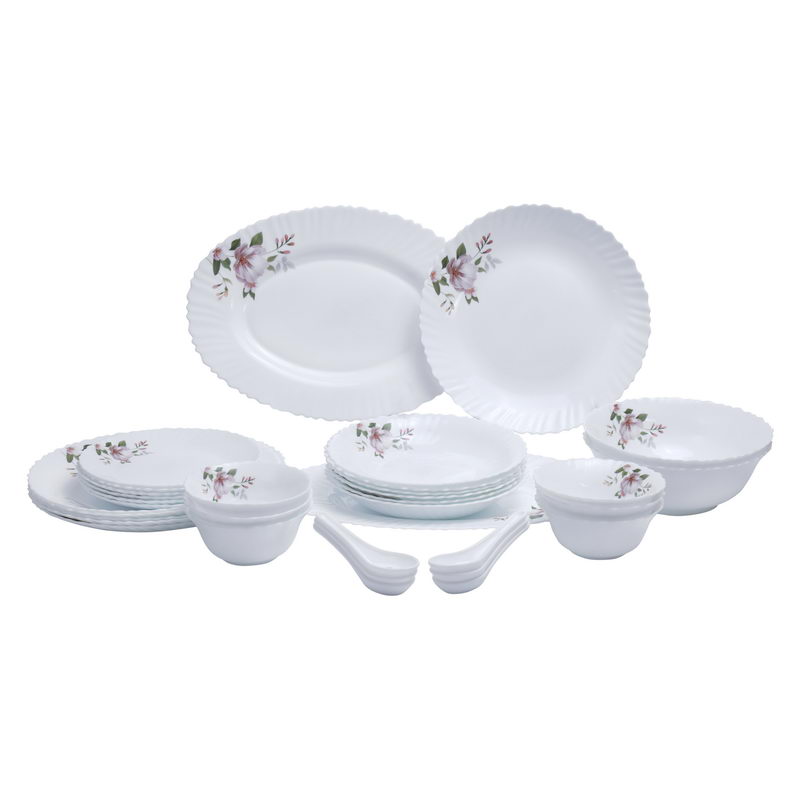 34Pcs Opal Ware Dinner Set Floral Design Plates, Bowls, Spoons | Comfortable Handling | Perfect For Family Everyday Use, & Family Get Together, Restaurant, Banquet & More (White & Black)