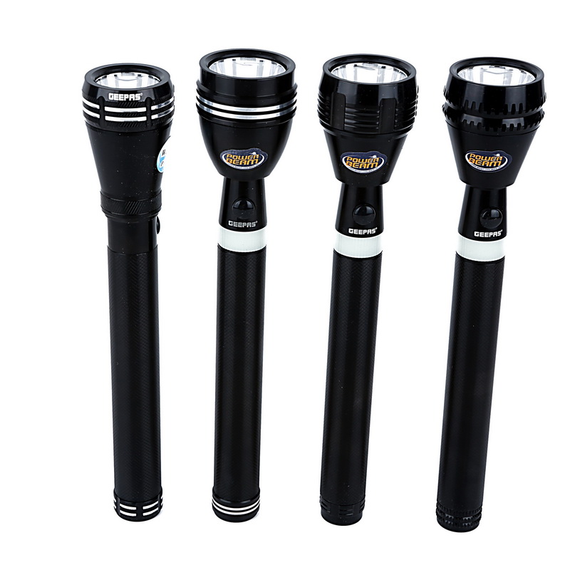 Geepas 4 In 1 Rechargeable LED Flashlight 242MM - Hyper Bright Cool White Light 2000 Meters Range Portable Torch High Beam LED Flashlight| Water Proof Pocket Flashlight with Battery | 2 Years Warranty