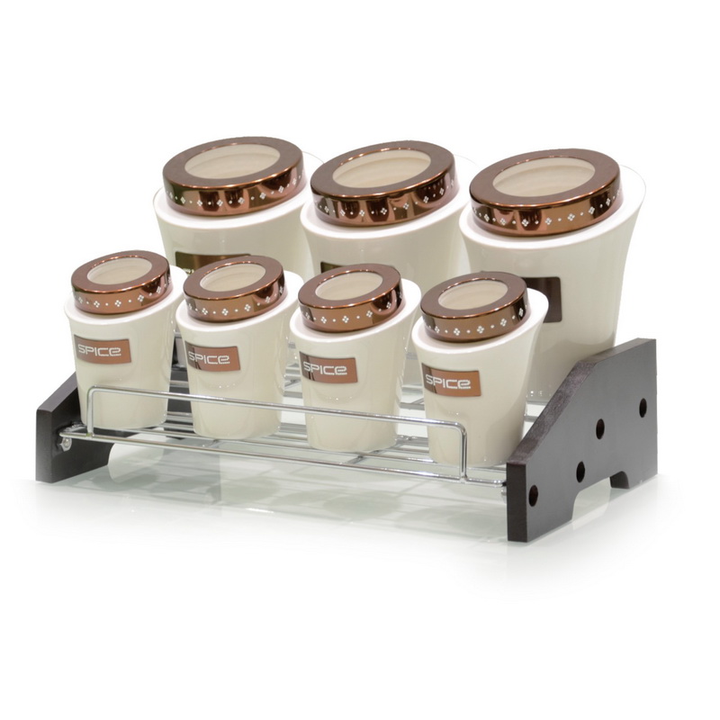 7 Pcs Slanting Shape canister Set with Wooden Stand - Porcelain Material - Transparent Lid - Convenient to Use - Spices, Seasoning - Dry Herbs