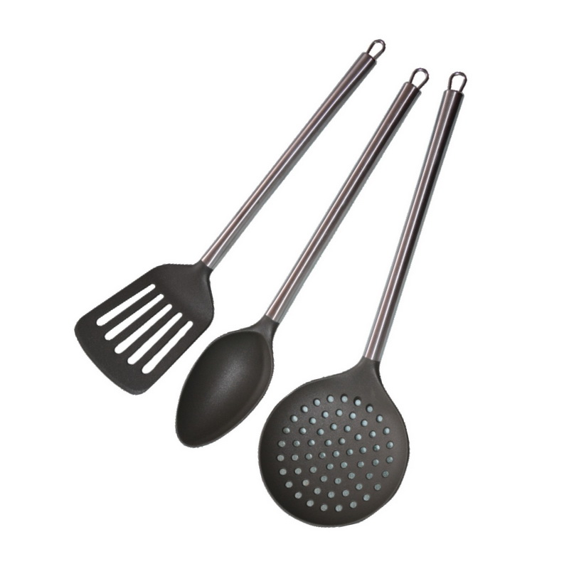 3Pc NylonKitchenTool Set SS Handle - Slotted, Serving, Frying Spoon - Heat, Stain and Odour Resistant - Extra-Long Handle - Anti-Scratch Head - Hanging Loop - Comfortable Grip