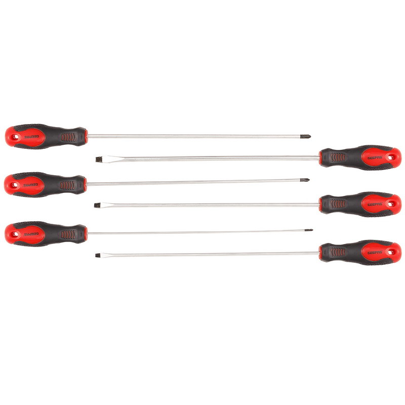 Geepas GT7658 6 Extra Long Screwdriver Set - Three Slotted, Three Phillips &Soft Grip Rubber Insulated Handles, - Repair Tool , Long Reach, General Purpose, Soft-Grip & Bi-Colored Red And Black