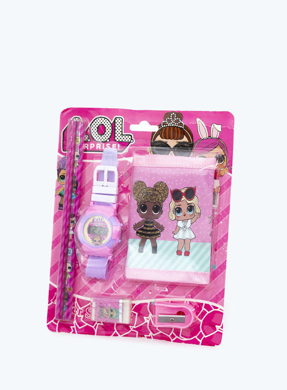Day N Day-BABY GIRL KITTY BAGE,2 PC HB PENCIL,SHARPNER ,ERASER AND DIGITAL WATCH