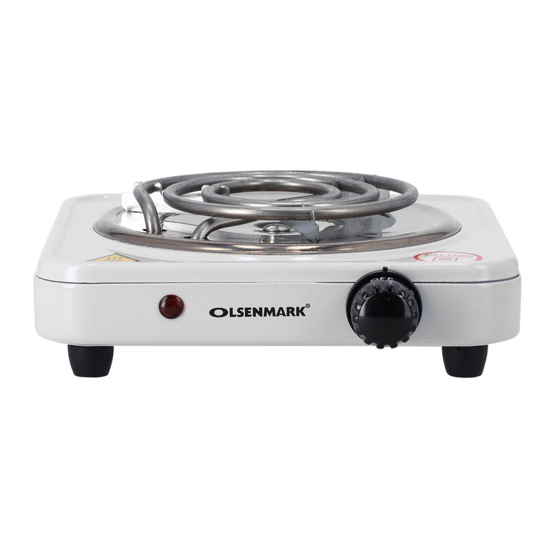 Single Burner Spiral Hot Plate, 1000W - Indicator light: On/Off - Over heat protection - 1 M cable with BS plug - Zinc-plated metal with plastic power spray outside - Heating element - Auto-thermostat