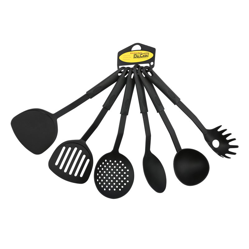 Delcasa DC1343 Nylon Cooking Utensils, 6 PCS - Non Stick Non Scratch Cooking & Serving Spoon - Heat Resistance Cookware with Soup Ladle, Serving Spoon, Skimmer, Spaghetti Serving, Spatula, Slotted Tur