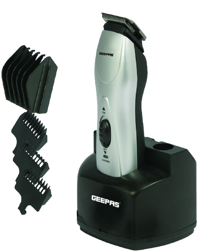 Geepas GTR34N Rechargeable Trimmer 3W - Portable Comfortable Grip, Chromium Steel Blade, Cordless Operation, LED Charge Indication | Cordless Rechargeable Trimmer with 5 Combs & Charging Stand