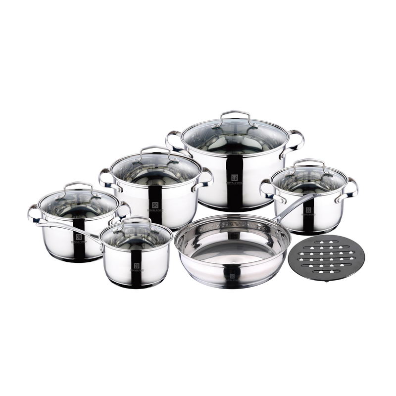 12Pcs SS Cookware Set Induction - Frying Pan and Saucepan Set with Glass Lids - Stay Cool Handles - Even Heat Distribution - Induction Sutiable