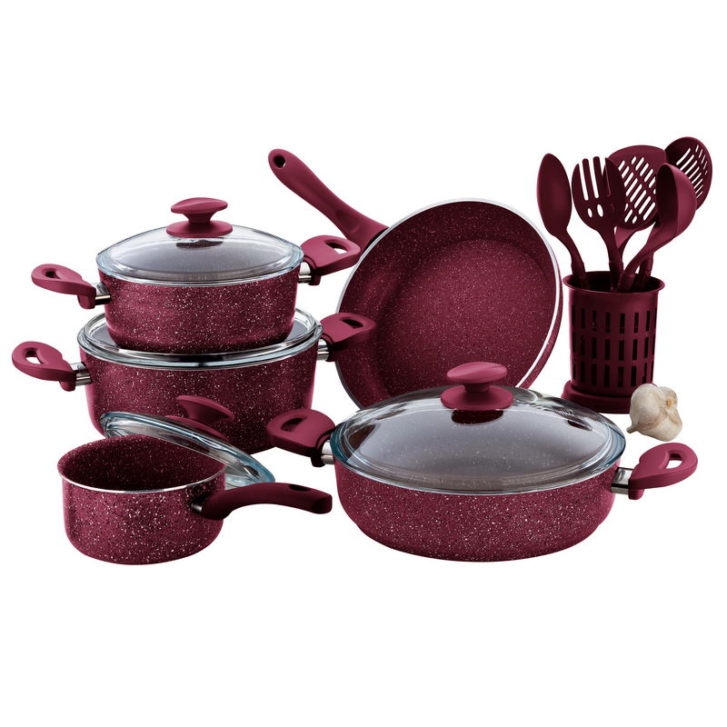 Royalford RF8558 15Pcs Cookware Set - 3mm Thick Body Thick Base, 3 Layer Granite Coating, Scratch Resistant, Tempered Glass Lids, Bakelite Knobs with 6Pcs Nylon Tools & Holder | Compatible with Multip