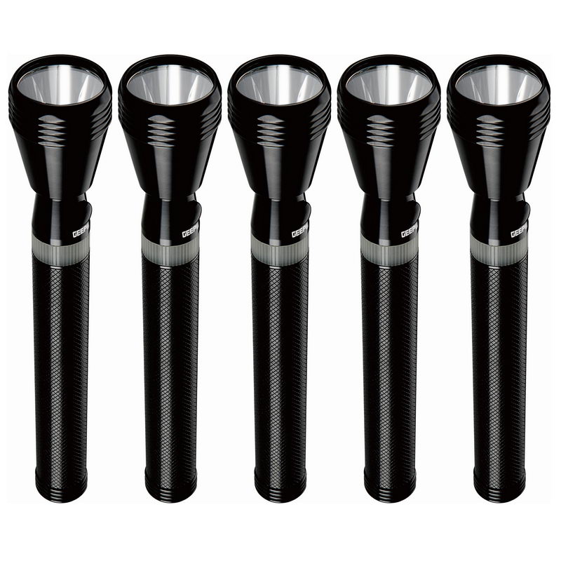 Geepas 5 In 1 Rechargeable Family Pack LED Flashlight 258.5mm - Portable Hyper Bright Cool White Light 2000 Meters Range Portable Torch High Beam | Ideal for Patrolling, Trekking, Emergency Power Cut