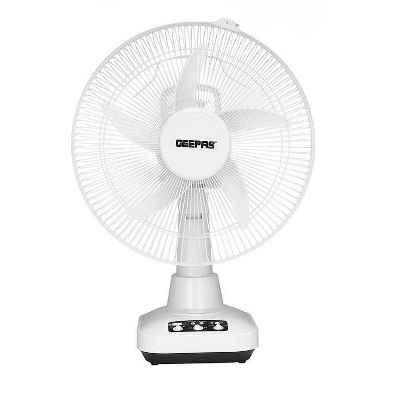 Geepas GF21118 12'' Rechargeable Oscillating Fan - 2 Speed Settings with Oscillating/Rotating and Static Feature | Electric Cooling Fan with LED Light, USB Output for Office, Home & Outdoor Use - 2 Ye