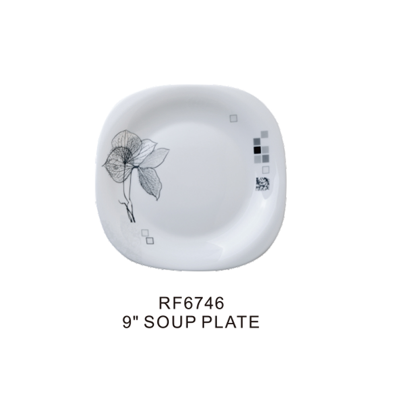 9" Opal Ware Square Soup Plate - Pasta Plates | plate with playful Classic decoration | Microwave & Dishwasher Safe | Ideal for Soup, Desserts, Ice Cream & More (White)