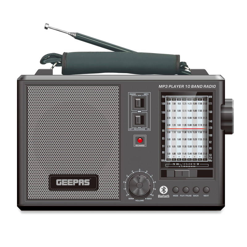 Geepas GR6842 Rechargeable Radio - BT/USB/SD /TF Music Player | Excellent Sound Quality, Bluetooth Speaker | Lightweight Portable FM Radio | 10 Band Radio with FM/AM/SW8-1 | Stylish Retro Design