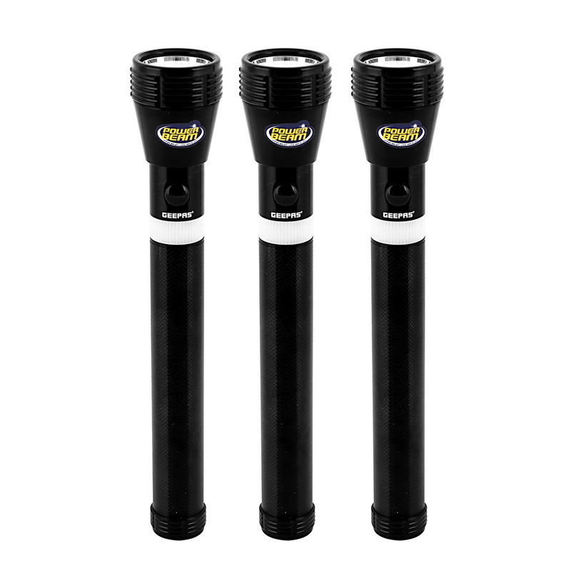 Geepas 3 IN 1 Family Pack Rechargeable Led Flashlight - Hyper Bright White 2000M Range Portable Torch High Beam LED Flashlight| Water Proof Pocket Flashlight with Charger & battery | 2 Years Warranty