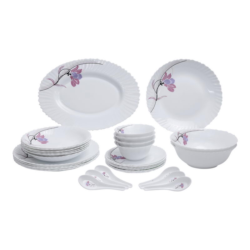 34Pcs Opal Ware Dinner Set - Floral Design Plates, Bowls, Spoons | Comfortable Handling | Perfect for Family Everyday use, & Family Get- Together, Restaurant, Banquet & More (Red Design)