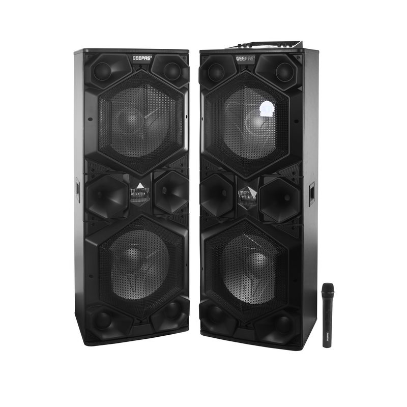 Geepas GMS8569 Professional Active Speaker System Bluetooth Speaker | Wireless Microphones, Battery Powered | Karaoke DJ Speaker with LED Lights | Portable Speaker with Trolley Handle, USB & Auxiliary