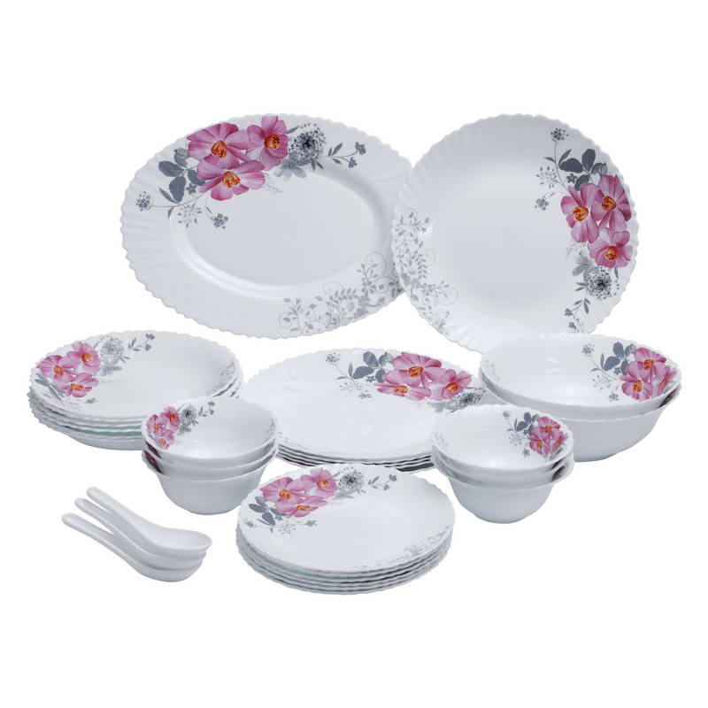 33Pcs Opal Ware Dinner Set - Floral Design Plates, Bowls, Spoons | Comfortable Handling | Perfect for Family Everyday Use, & Family Get- Together, Restaurant, Banquet & More (Red & Green)