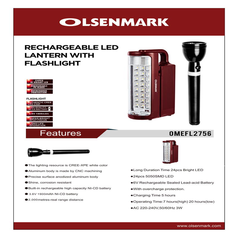 Emergency Lantern & Flashlight, 2 In 1 - 24pcs 5050SMD LED - Operating Time:7 Hours(High) 20 Hours(Low) - Lead-Acid Battery - 1900mAh NI-DC Battery - 2000 Meters Distance