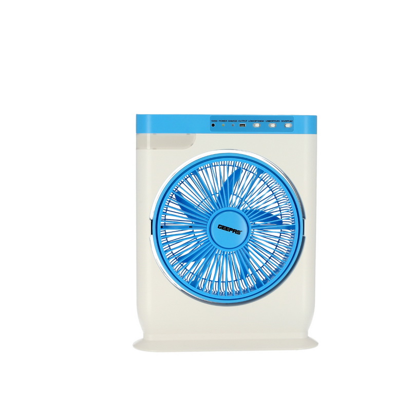 12'' Rechargeable Box Fan - 2 Speed Settings with Oscillating/Rotating and Static Feature | Electric Cooling Fan with LED Light, Solar Input, USB Output for Office, Home & Outdoor Use - 2 Year Warrant