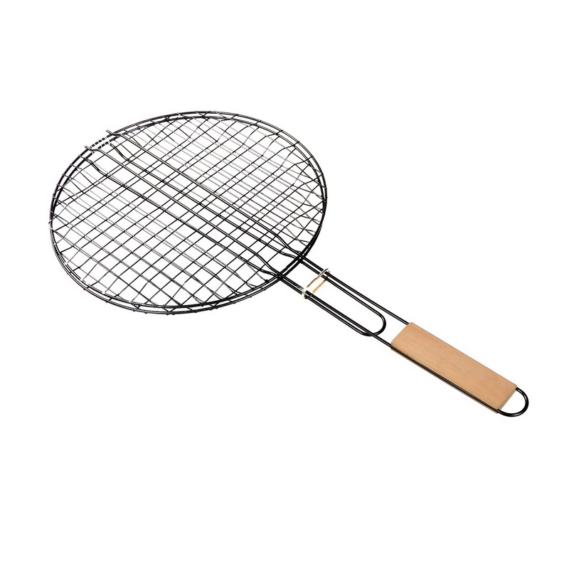 Round BBQ Grill - Black & Brown, 30cm - Portable Grilling Basket | Removable Handle | Perfect for Grilling Vegetables, Fishes, Shrimp, Chops, Chicken Wings & More