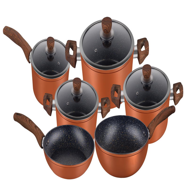 10Pcs Aluminium Cookware Set - 3 Layer Granite Coating Saucepan with lid, Fry Pan, Casseroles with Lids, Wok Pan | Cool Handles | Evenly Heating Base | Compatible with Multiple Hobs