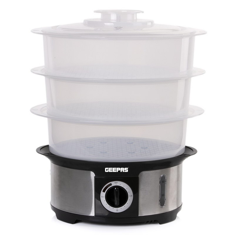 Geepas GFS63025UK Food Steamer 12L Capacity | 3 Tiers BPA Free Removable | 75 Minutes Timer & 1000W Power | Stainless Steel Housing | Makes Healthy Food, Meat, Fish & Vegetable Steam | Electric - 2 Ye