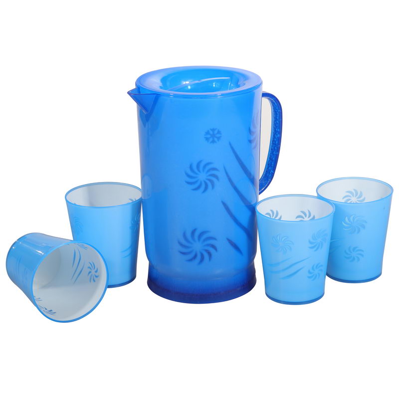 2 Litre Water Jug with 4 300ML Glasses - Portable Multi-Purpose Blue Jug with Lid for Water Picnic Juice, Durable Plastic, Spill-Proof Lid | Household, club, pub, bar, coffee shop, restaurant & More (
