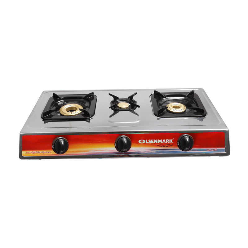 Stainless Steel Triple Burner Gas Stove - Auto Ignition - Cast Iron Pan Burner