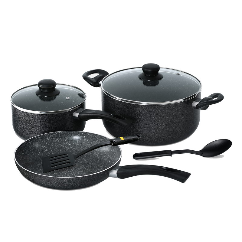 Royalford RF8948 7-Piece Marble Coated Cookware Set - Scratch Resistant, Tempered Glass Lids, 2.5MM Body Thickness, Bakelite Knobs, & CD Bottom with Comfortable Handles | Multiple Hob Compatibility