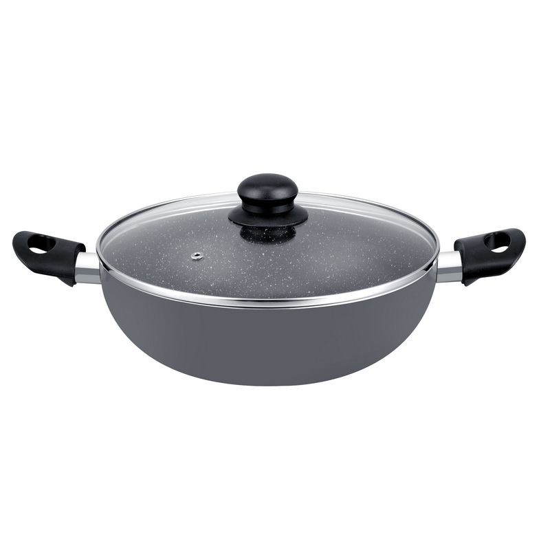Aluminium Wok Pan with Glass Lid, 26 CM - Induction Safe Frying Pan with Durable Non-Stick Granite Coating - Frypan with Glass Lid & Heat-Resistant Handles - Cookware Casserole Pan