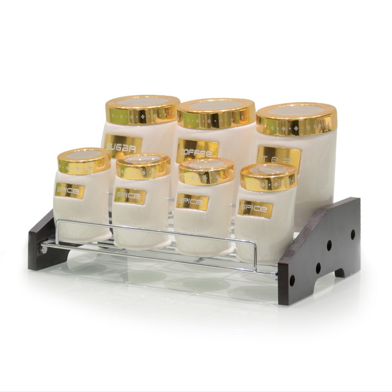 7 Pcs Slanting Shape canister Set with Wooden Stand - Porcelain Material - Transparent Lid - Convenient to Use - Spices, Seasoning - Dry Herbs