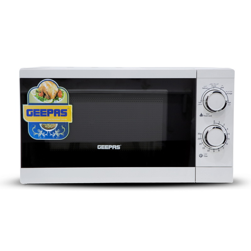 Geepas GMO1894 20L Microwave Oven | 1200W Solo Microwave with 6 Power Levels and a Timer | Cooking Power Control with 2 Rotary Dials & Defrost Settings | White | 2 Year Warranty