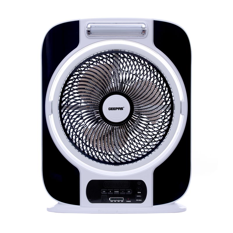 Geepas 12'' Rechargeable Box Fan - Personal Desk Fan with 16 Pcs Hi-Power SMD LED Light - Electric USB Fan for Office, Home & Travel Use (9 Speed) - 40 Hours Working (Low Speed) - 2 Year Warranty