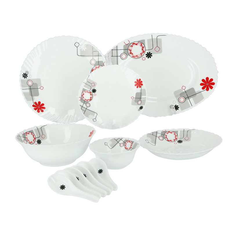 33Pcs Opal Ware Dinner Set - Floral Design Plates, Bowls, Spoons | Comfortable Handling | Perfect for Family Everyday Use, & Family Get- Together, Restaurant, Banquet & More (Red & Green)
