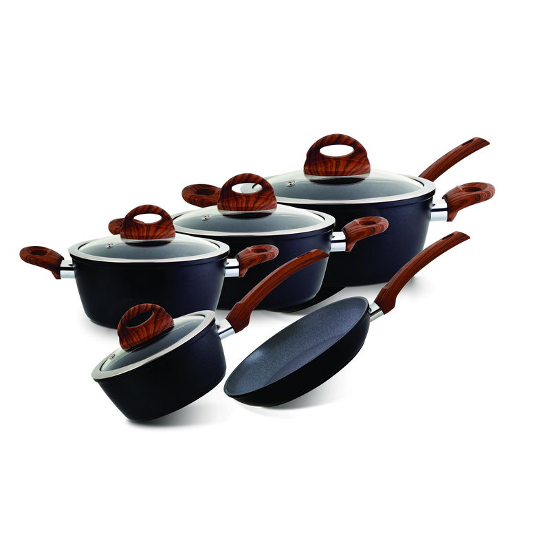 Royalford RF8904 5Pc Aluminium Casserole Cookware Set with Glass Lids - Induction safe Pots & Pans with Non-Stick Marble Coating - Stock Pots with Tempered Glass Lid & Strong Wooden Handles