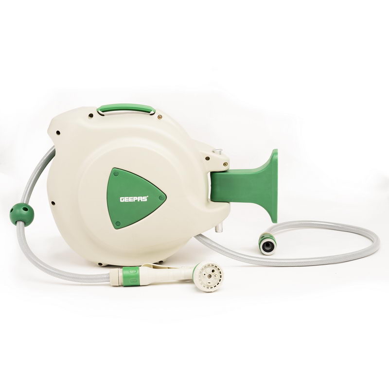 Geepas GWH59057 10M 1/2" Auto-Retracting Water Hose Reel with Level Track, Swivel Mounting Bracket, Full Set of Hand Sprays and Hose Fittings