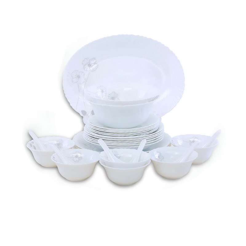 33Pcs Opal Ware Dinner Set - Floral Design Plates, Bowls, Spoons | Comfortable Handling | Perfect for Family Everyday Use, & Family Get- Together, Restaurant, Banquet & More