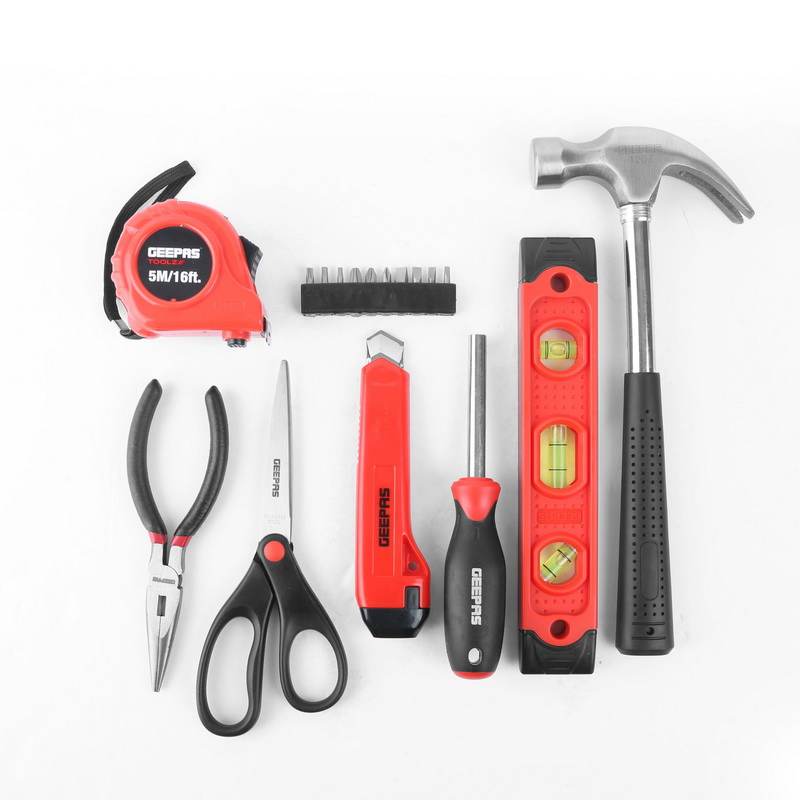 Geepas GT59025 17Pc Mini Tool Kit - General Household Hand Tool Kit - Includes Scissor, Retractable Knife, Measuring Tape, Magnetic Holder with 10 Bits, Pliers, Torpedo Level and Claw Hammer