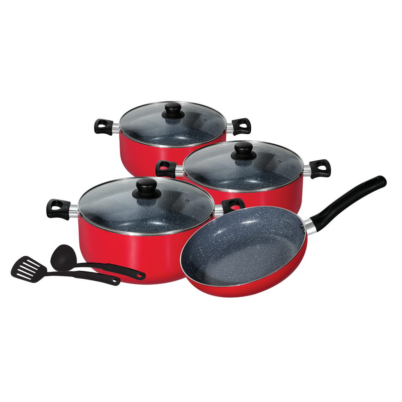 9Pcs Marble Coated Cookware Set - Scratch Resistant, Tempered Glass Lids, 2.5MM Body Thickness, Bakelite Knobs, and CD Bottom | 3 Pots with Lids, Fry Pan with Ladle & Scraper | 12 Months Warranty