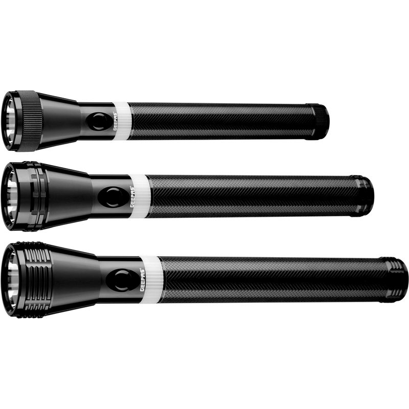 Geepas GFL4623 3 IN 1 Family Pack Rechargeable Led Flashlight 265MM - Hyper Bright White Long Range Portable Torch High Beam LED Flashlight | Pocket Flashlight with Charger, battery | 2 Years Warranty
