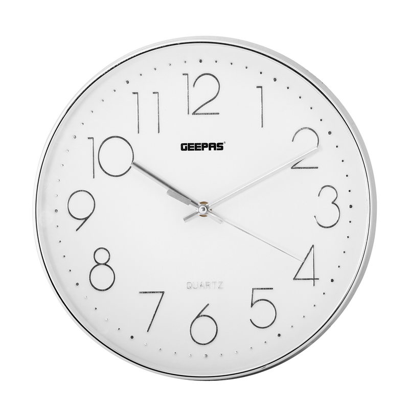 Geepas GWC26011 Wall Clock - Silent Non-Ticking, Arabic Numeral Clock, Round Decorative Wall Clock for Living Room, Bedroom, Kitchen (Battery Not Included) 3D Silver Dial | 2 Years Warranty