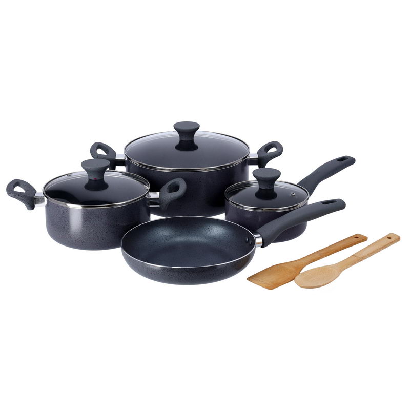 Royalford RF9844 9Pcs Aluminium Cookware Set -3 Layer Granite Coating Saucepan, Frypan, Casseroles with Lids, Bamboo Turner & Bamboo Ladle | Cool Handles | Thick Evenly Heating Base | Induction Compat