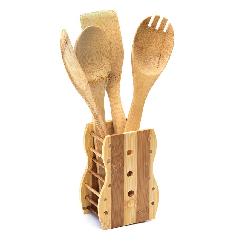 Royalford RF7289 5 Pcs Carbonized Bamboo Kitchen Tools - Turner, Spaghetti, Slotted Turner & Spoon Kitchen Essentials Cooking Utensils Tool with Dishwasher Safe | Cooking Tools Natural and Eco-Friendl