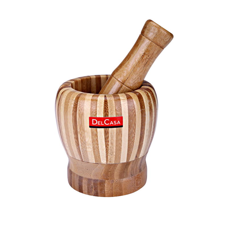 Delcasa DC1376 Pestle & Mortar Set | Premium Bamboo | Natural Lightweight Pestle & Mortar Set | Durable, Long-Lasting & Easy Cleaning Mixing Bowl | Ideal for Herbs, Spices, Ginger, Garlic Grinder & Cr