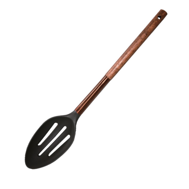 Nylon Spaghetti Spoon Woodn Hndle - Heat, Stain and Odour Resistant - Extra-Long Handle - Anti-Scratch Head - Hanging Loop - Comfortable & Non-Slip Grip - Drain Holes